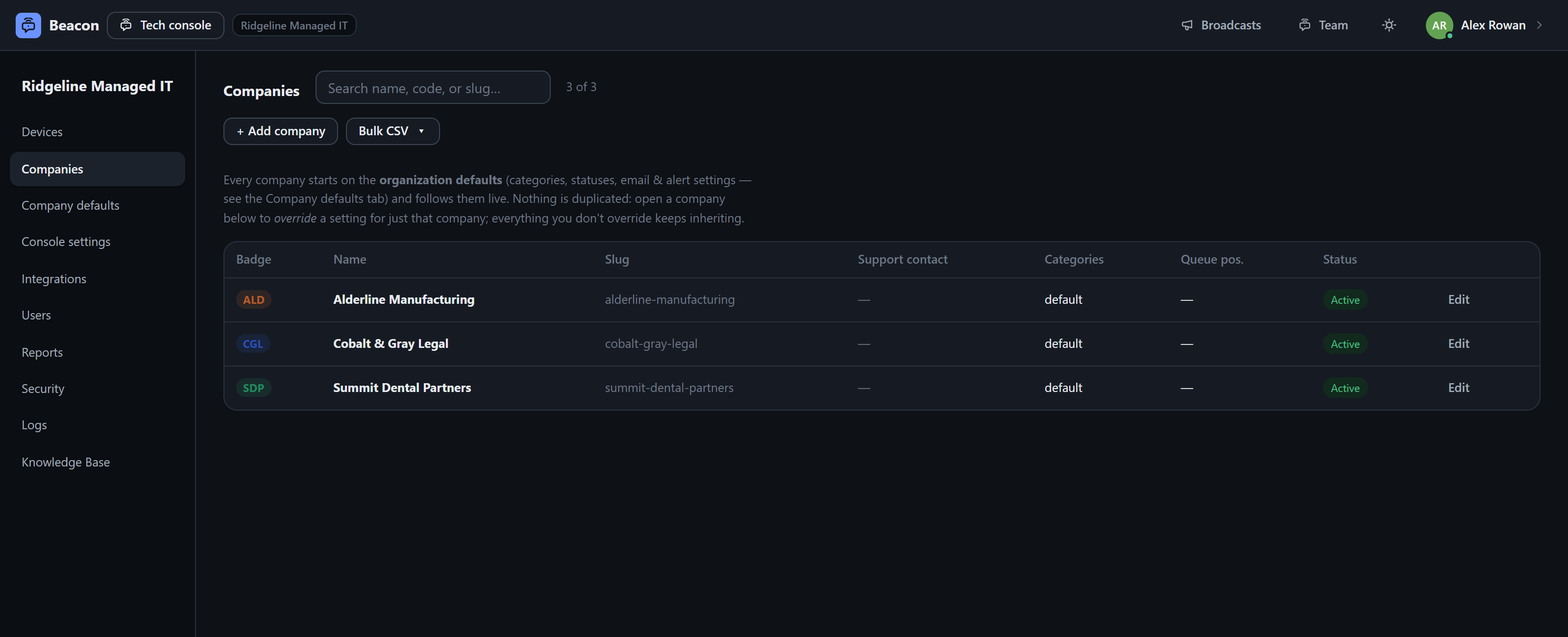 Beacon admin console: companies grid with badges, org defaults inherit live
