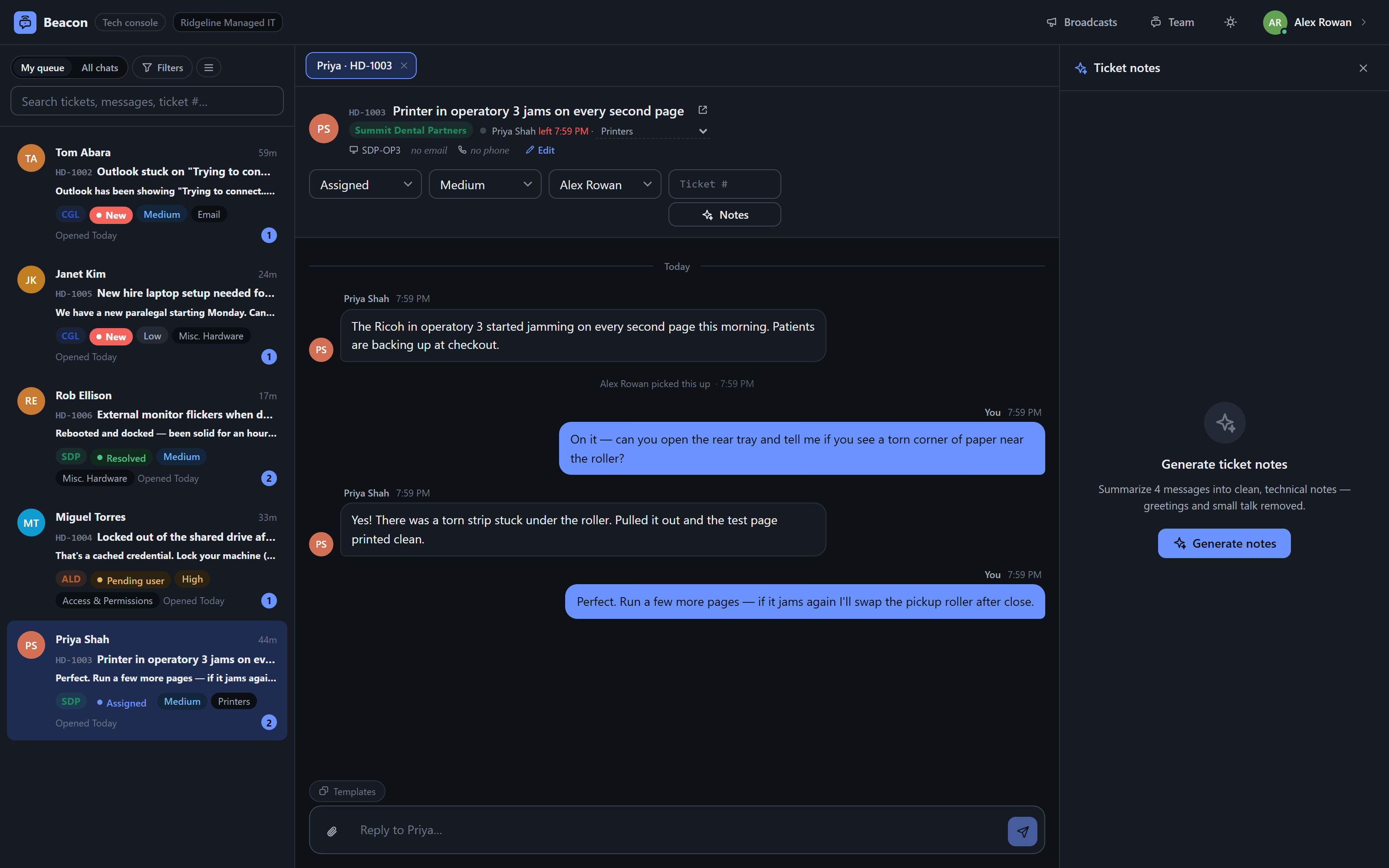 Beacon tech console: live queue with company badges and statuses, an open chat, and the AI ticket-notes panel